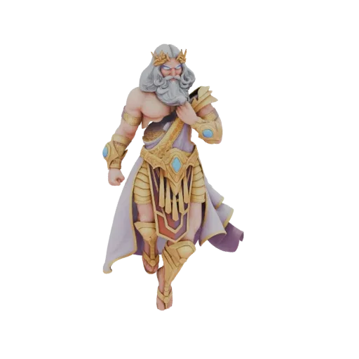 3D model of Zeus, King of the Gods, depicted with a white beard, golden laurel wreath, ornate golden armor, and purple robes.