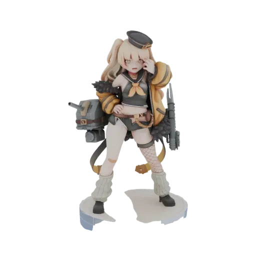 3D-Modell eines blonden Anime-Mädchens in gelber Jacke und Marine-Outfit, das eine Miniaturkanone hält.