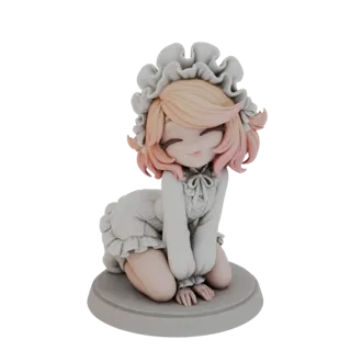 Modelo 3D de um personagem de empregada chibi ajoelhado, vestindo um chapéu e vestido de babados, com uma expressão doce.
