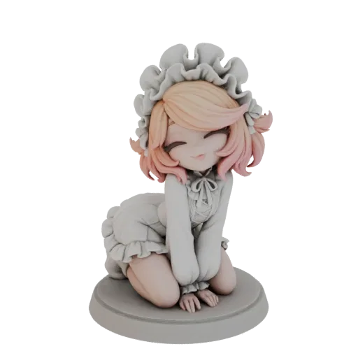3D model of a chibi maid character kneeling, wearing a frilly hat and dress, with a sweet expression.