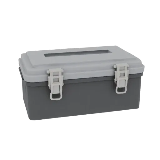 3D model of a simple grey storage box with two metal latches and a lid