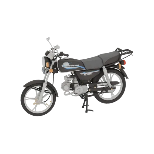 Um modelo 3D de uma moto Motorland Alpha preta com rodas brancas e assento cinza, vista de lado.