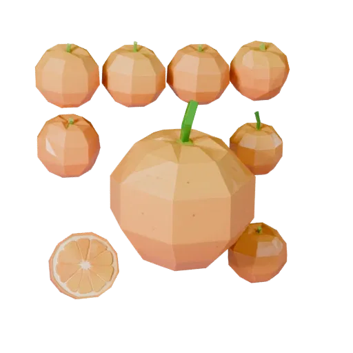 Fresh Orange Low Poly 3D model, game viewport three-quarter view, showing skin pores, recognizable fruit forms.