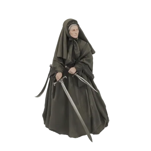 Render del modello 3D di una monaca guerriera in vesti scure, che tiene una spada grande e un pugnale, con un'espressione det