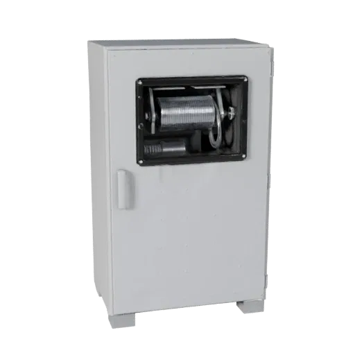 Packaging Control Cabinet 3D model, side profile view, technical viewport render, showing painted steel, form detail.