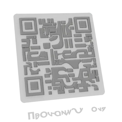 A 3D render of a QR code with embossed Cyrillic text below, presented on a white base.