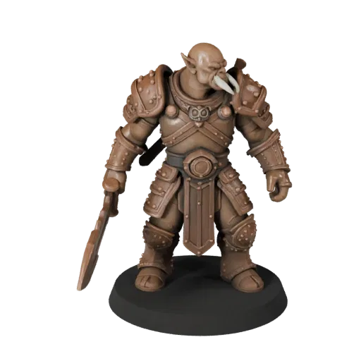 Ork-Krieger-Miniatur realistisches 3D-Modell Vorschau zeigt Silhouette, dreiviertel Szenenansicht, Pose und Harzdetails