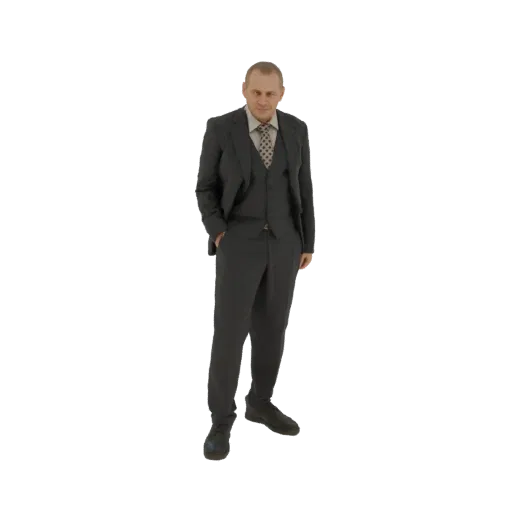 Modelo 3D de homem de terno escuro, em pé com uma mão no bolso, olhando para o espectador.