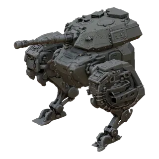 3D-Render eines grauen bipedalen Mech-Panzers mit großem Turm und detaillierten mechanischen Beinen vor schwarzem Hintergrund