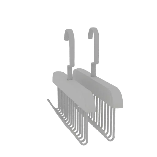 Modèle 3D de deux cintres modulaires gris avec plusieurs emplacements pour vêtements, affiché sur fond blanc.
