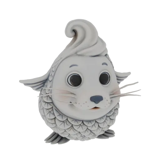 A 3D render of a whimsical creature that is a hybrid of a seal and a fish, with large eyes and fish scales.