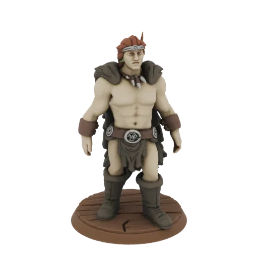 Modèle 3D d'un guerrier barbare masculin aux cheveux roux, portant une cape en fourrure, un collier d'os et un pagne tribal,