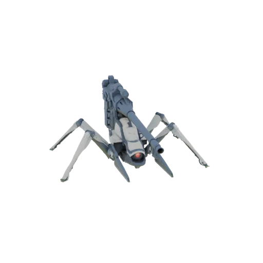 3D model of a futuristic spider tank with four legs and a large cannon, featuring a red optical sensor.