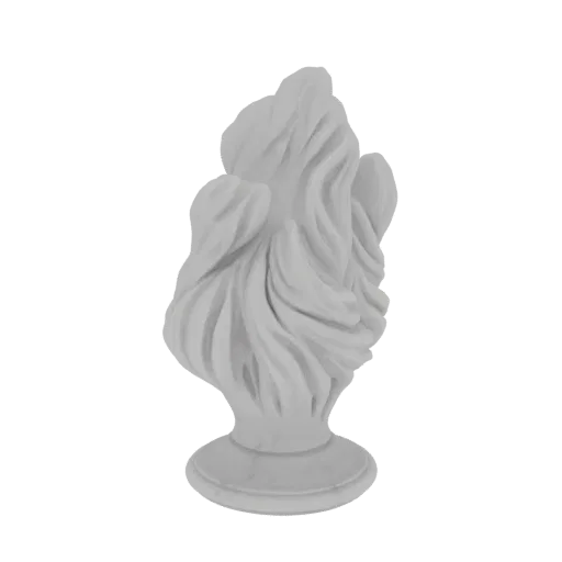 Modelo 3D de una escultura abstracta que se asemeja a una llama estilizada y arremolinada con un acabado blanco mate liso y u