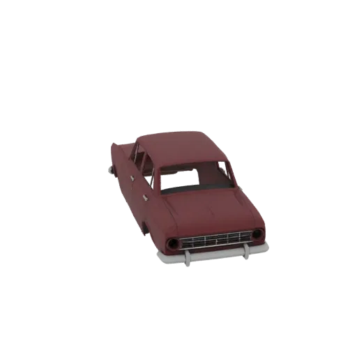 A 3D model of a vintage burgundy sedan, viewed from a slightly elevated front-right angle against a white background.