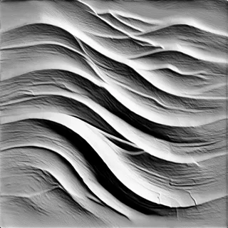 Modello 3D di rilievo astratto che imita dune sabbiose con curve fluide e ombre.