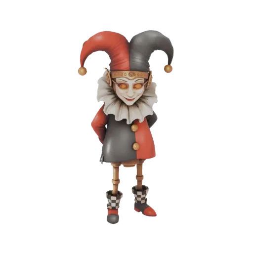 Modello 3D di una Bambola Giullare con costume arlecchino rosso e grigio, colletto arricciato e cappello a punta, in piedi su