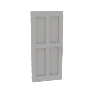 Modelo 3D de uma porta interior branca clássica com quatro painéis em relevo e uma maçaneta prateada, exibida contra um fundo