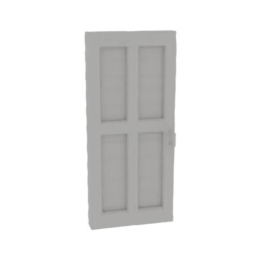 3D model of a classic white interior door with four raised panels and a silver door handle, shown against a white background.