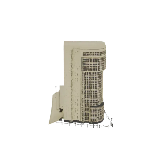 Modèle 3D d'un grand gratte-ciel Art Déco de couleur crème avec une façade courbe couverte de fenêtres et une petite clôture