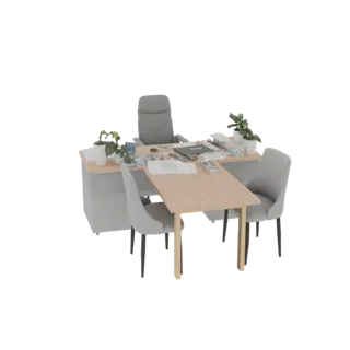 Rendu 3D d'un bureau exécutif moderne avec deux chaises et deux plantes en pot, sur fond blanc.