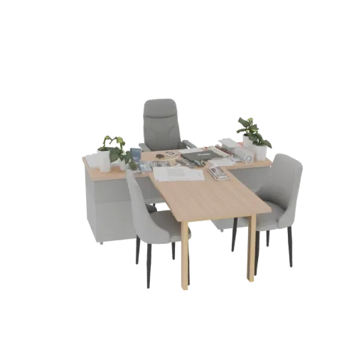 Render 3D de un escritorio ejecutivo moderno con dos sillas y dos plantas en maceta, sobre un fondo blanco.