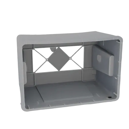Modelo 3D de uma caixa plástica cinza visto de um ângulo, mostrando o interior com reforço em padrão diamante