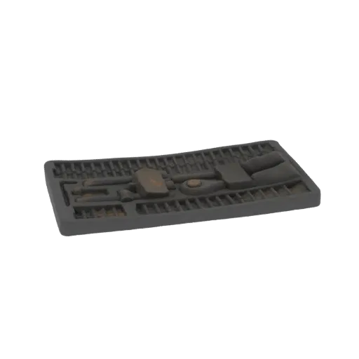 3D model of a vintage tool set tray with various hand tools like pliers and wrenches, presented on a dark, textured tray.