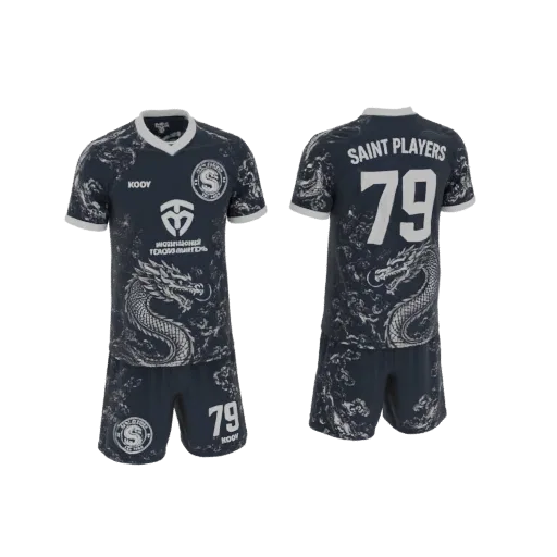3D model of a dark blue football kit with a white dragon pattern and the number 79 on the jersey and shorts.