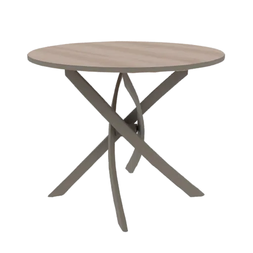 A 3D render of a modern round dining table with a light wood top and a unique, intertwined sculptural base.