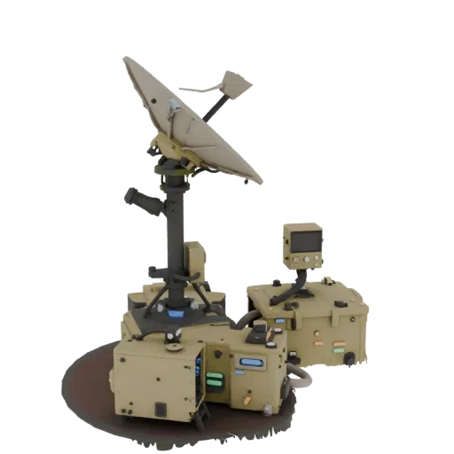 3D model of a field satellite communication node during deployment, with antenna on mast and equipment in cases.