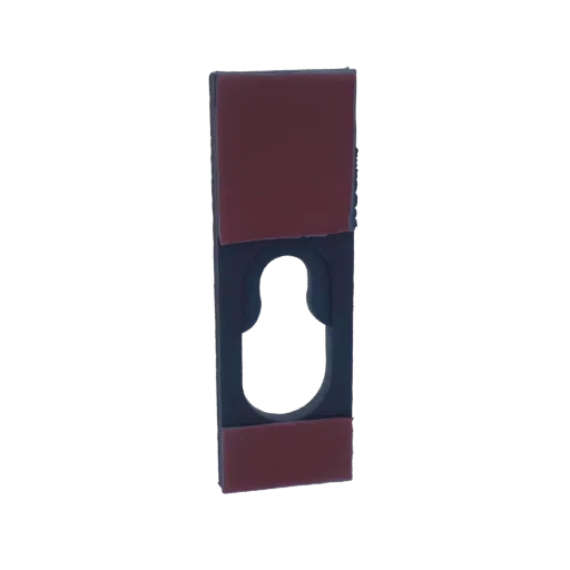 3D model of a black adhesive wall hook with a keyhole slot and two red adhesive pads, shown against a white background.