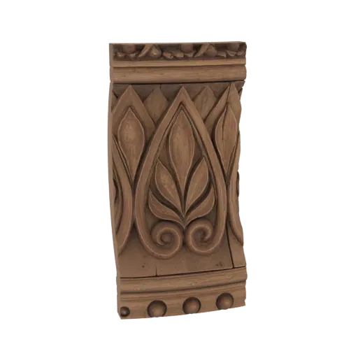 3D model of an ornate carved wood architectural bracket with floral and scrollwork details, presented on a white background.