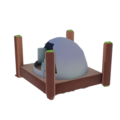 A 3D render of an abstract geometric structure with a light blue dome, brown pillars, and green accents, set against a black background.
