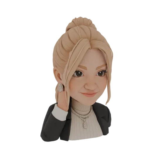 3D model of an elegant woman with a blonde bun hairstyle, wearing a black blazer and jewelry, with a soft smile.