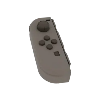 Modello 3D di un controller Joy-Con Nintendo Switch grigio, visto da una leggera angolazione.