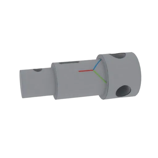 Modelo 3D de um eixo usinado de precisão cinza com furo central e vários furos externos, apresentando um sistema de coordenad