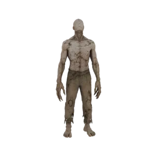 Modello 3D di una figura non morta magra con caratteristiche scheletriche e pantaloni strappati, in piedi su uno sfondo bianc
