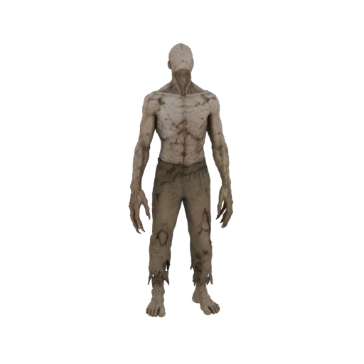 Modèle 3D d'une figure squelettique de mort-vivant avec des traits osseux et un pantalon déchiré, debout sur fond blanc.