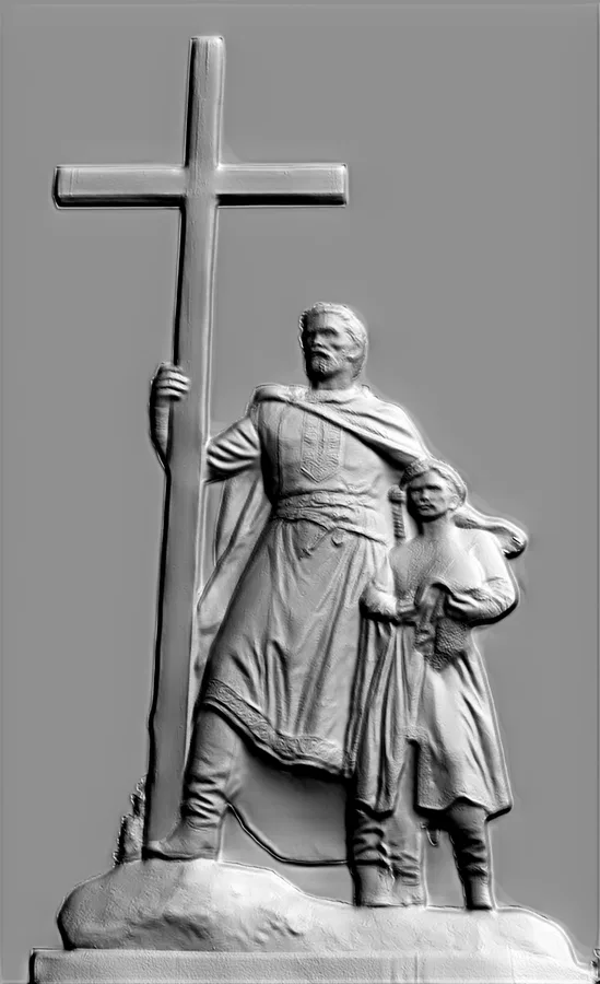 3D model of Prince Vladimir bas-relief with cross and child, rendered in bas-relief style.