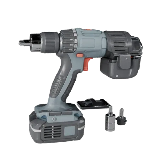 Modello 3D Trapano Compatto, rendering studio a tre quarti, mostra plastica stampata, impugnature ergonomiche.