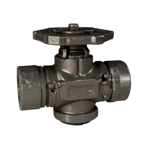 Cast Metal Valve Assembly Realistic 3D model, three-quarter studio render, showing machined metal, form detail.