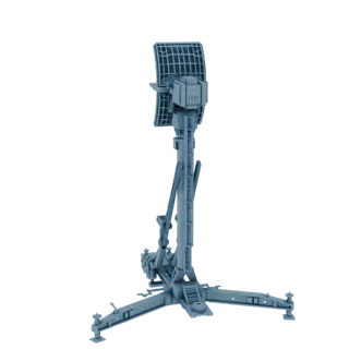3D model of a mobile radar station with a large dish antenna raised on a telescopic mast, set against a black background.