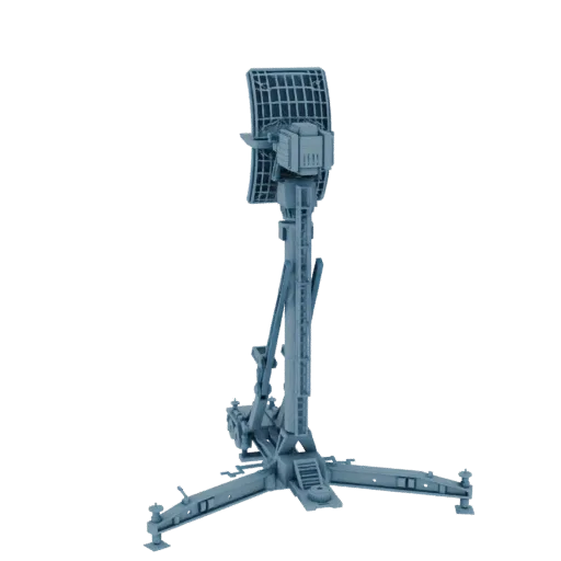 3D model of a mobile radar station with a large dish antenna raised on a telescopic mast, set against a black background.