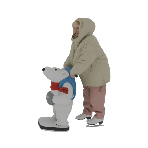 3D model of a child in a beige puffy jacket and ice skates, pushing a white polar bear ice skating aid with a red scarf.