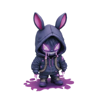 Modèle 3D d'un lapin stylisé portant un sweat à capuche violet foncé, avec des yeux violets lumineux en forme de 'X' et des g
