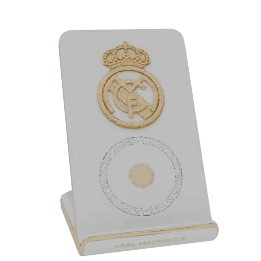3D model of a white display stand with the Real Madrid C.F. emblem in gold at the top and 'REAL MADRID C.F.' text on the base