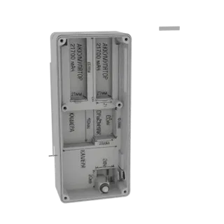 3D model render of a white plastic enclosure designed to hold two 21700 batteries and a camera, with dimensions marked in Rus