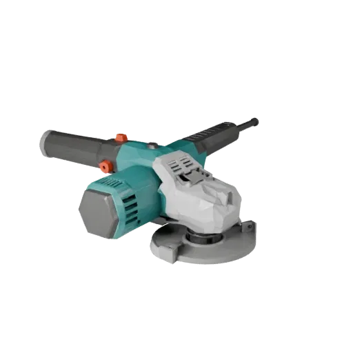 Workshop Angle Grinder Low Poly 3D model, game viewport three-quarter view, showing molded plastic, ergonomic handles.