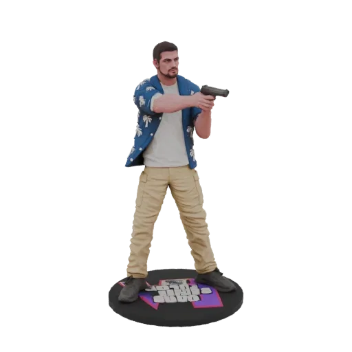 3D model of Tommy Vercetti from Grand Theft Auto: Vice City, wearing a Hawaiian shirt and holding a pistol.